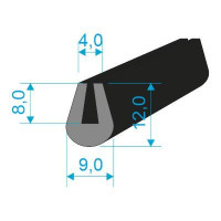 00535050 Pryžový profil tvaru "U", 12x9/4mm, 60°Sh, EPDM, -40°C/+100°C, černý